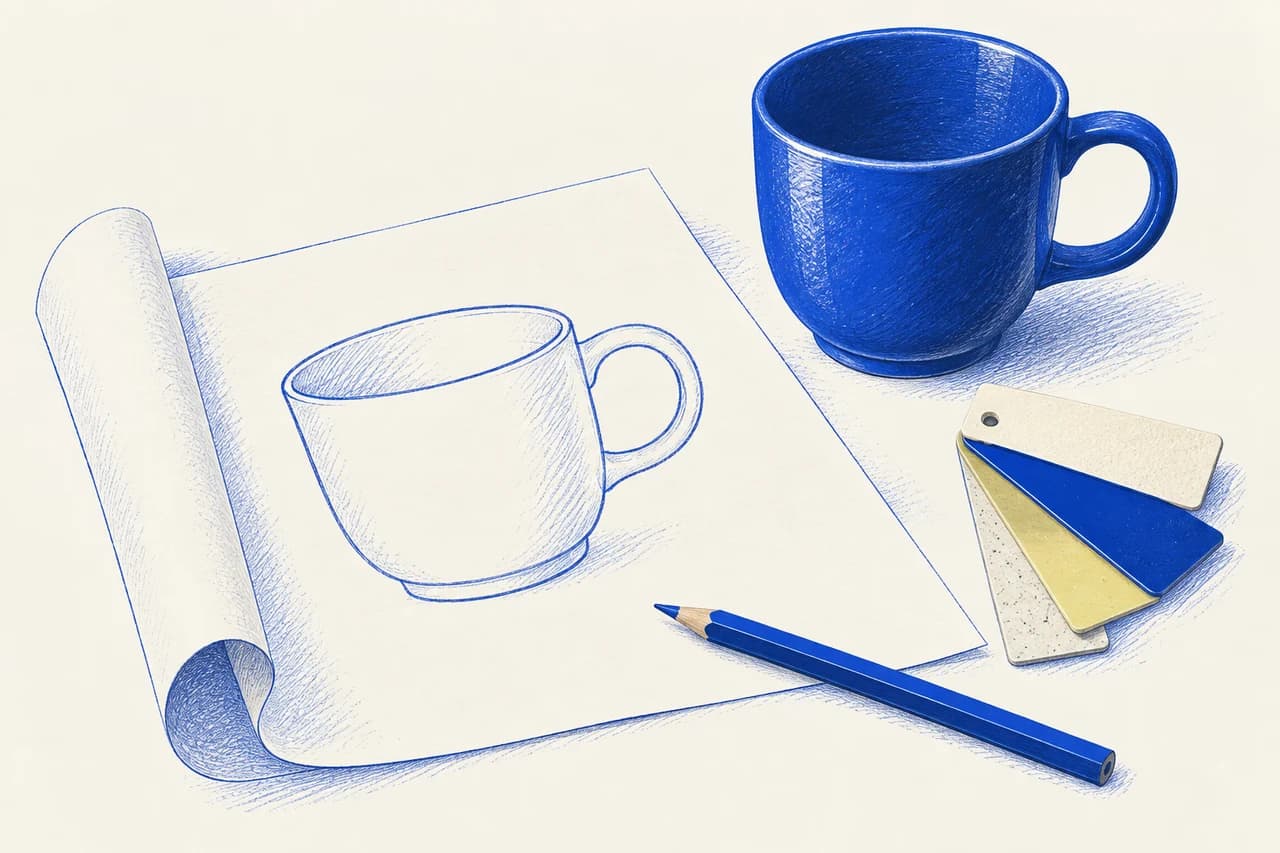 An illustration of a product sketch, ceramic cup and material swatches.