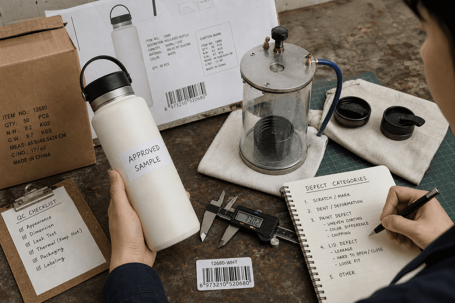 Editorial product photograph of a first-run insulated bottle QC setup on a workbench: approved sample, caliper, leak-test cup or fixture, barcode label, carton mark printout, and handwritten defect categories. Natural industrial light, realistic sourcing context, no fake brand na