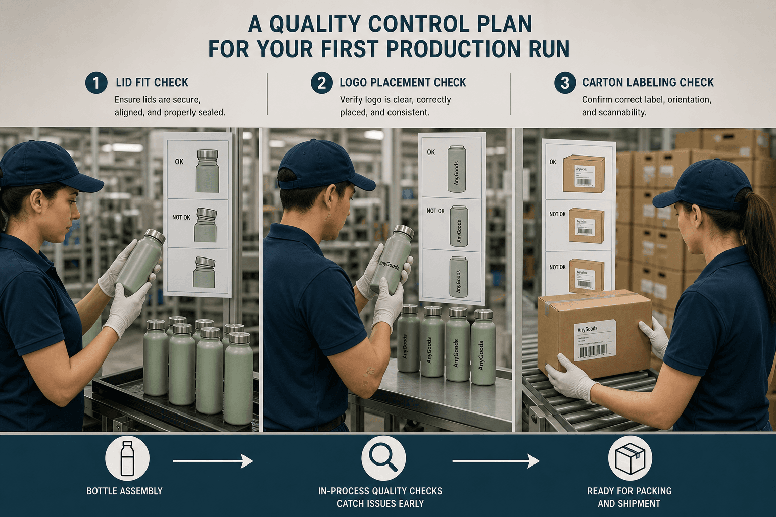 Documentary-style production scene showing staged quality checks during bottle assembly and packing: lid fit check, logo placement check, and carton labeling verification at separate stations. Concrete factory environment, emphasis on catching defects before final sealing.