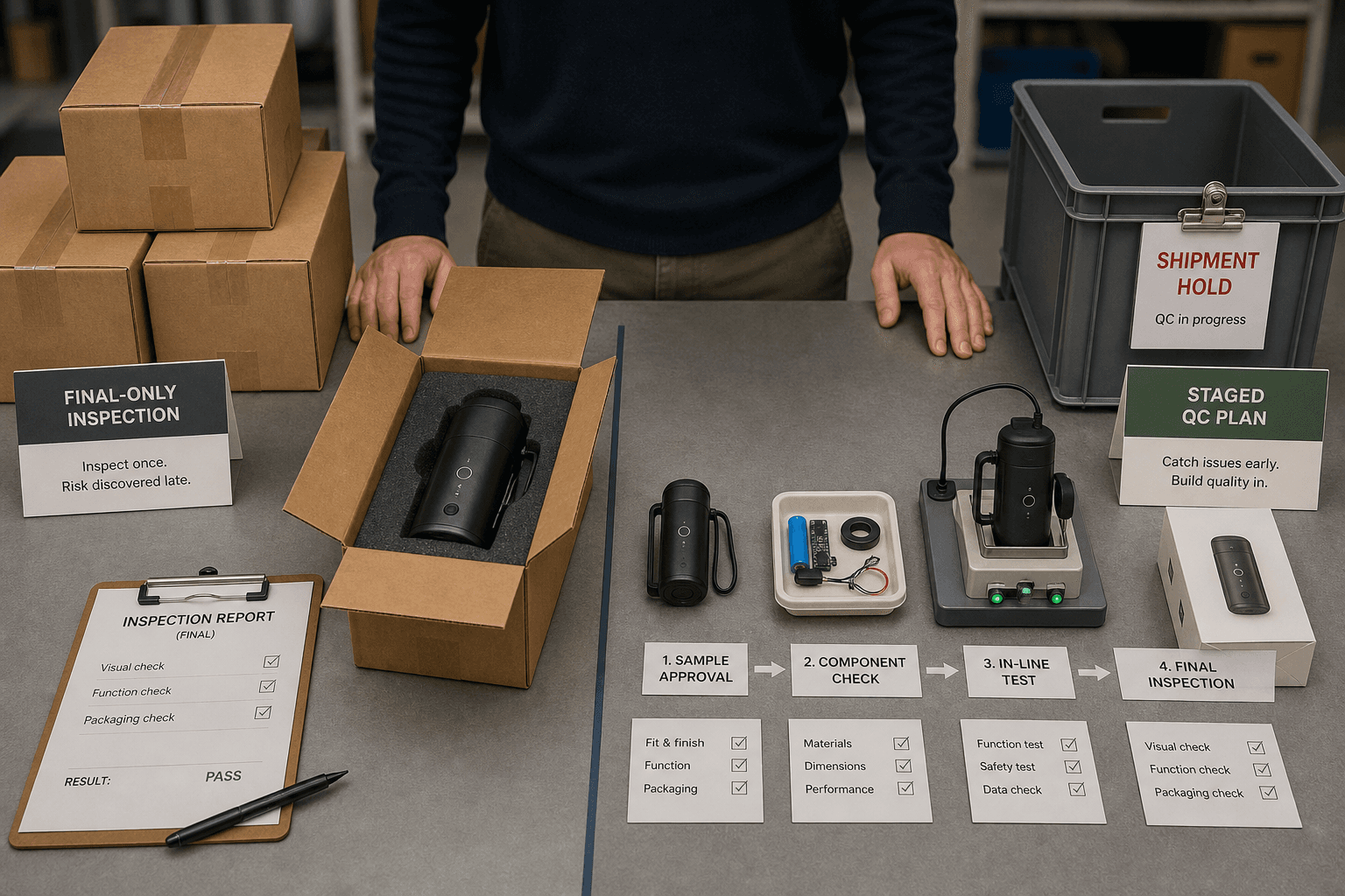 Comparison tabletop visual for a sourcing article: one side shows a final-only inspection setup with sealed cartons and a sample report, the other shows a staged QC plan with sample, component check, in-line test, and shipment hold note. Use physical objects and process cues, not