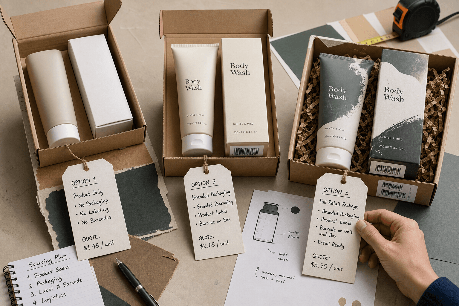 Editorial photo of three supplier sample sets for one private-label consumer product on a worktable, each with different packaging scope, barcode labels and quote notes visible on simple tags; realistic sourcing-documentary style, no fake supplier documents.
