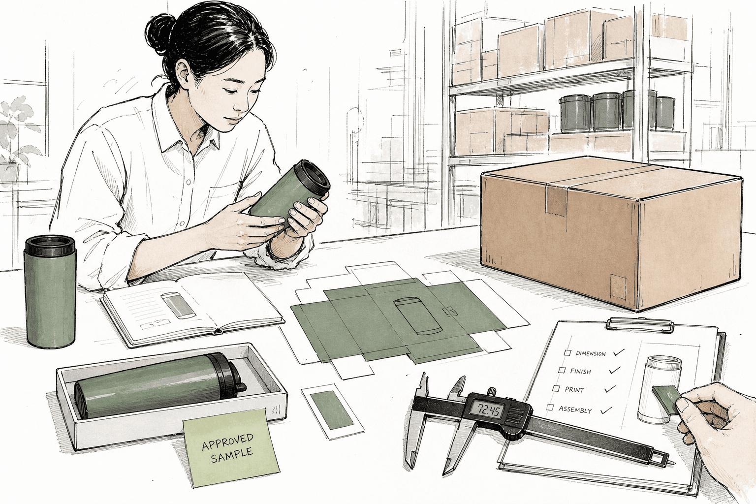 Process scene in a production or inspection setting showing an approved sample, packaging dieline print, master carton, caliper and finish check side by side; concrete quality-control focus, natural lighting, no dashboard graphics.