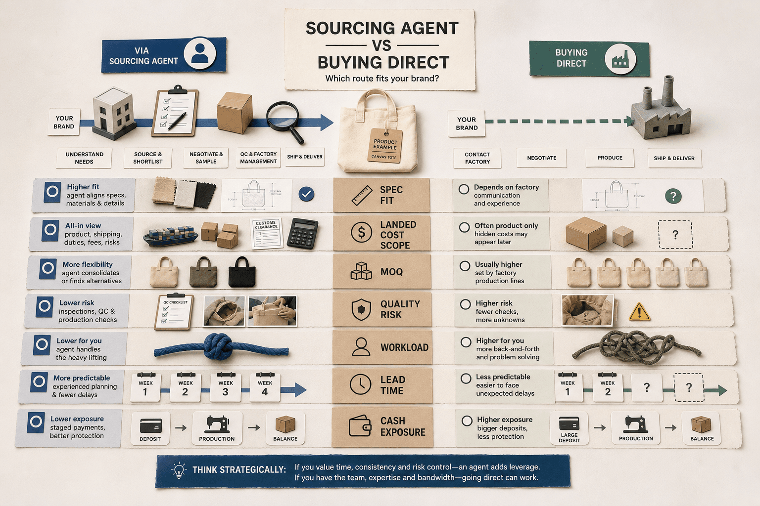 Clean comparison visual built from physical objects and paper labels showing direct manufacturer versus sourcing agent across spec fit, landed cost scope, MOQ, quality risk, workload, lead time and cash exposure; editorial infographic feel, not a fake software screen.