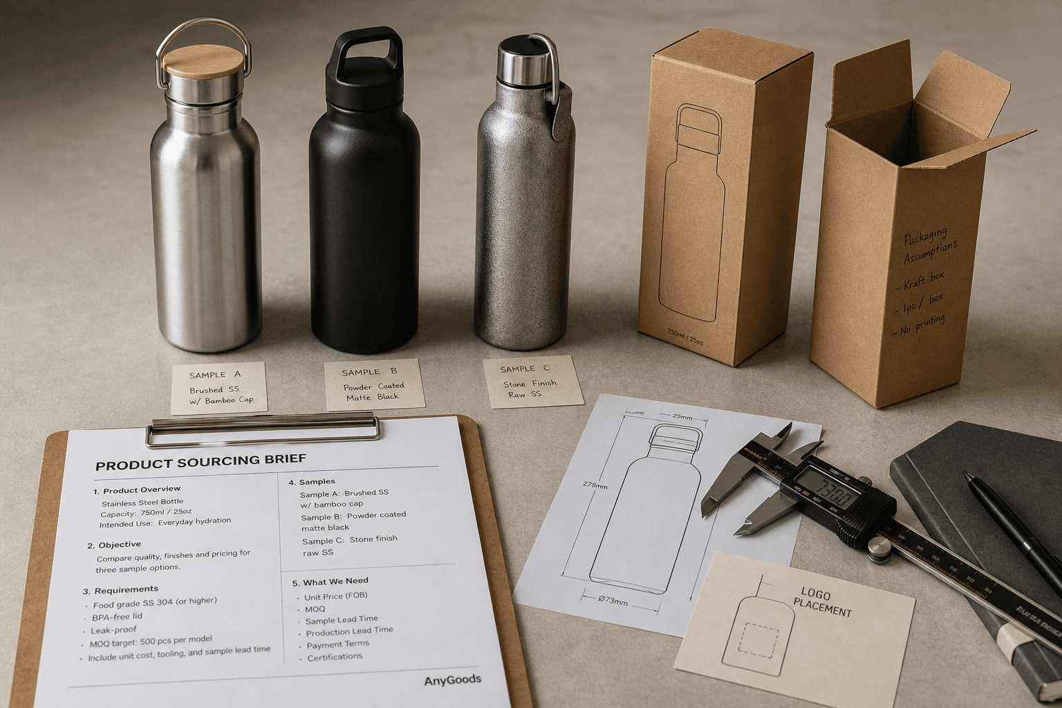 Editorial sourcing scene: three stainless bottle samples with visibly different finishes and packaging assumptions beside one printed sourcing brief, carton notes, caliper and logo mockup; realistic studio light, documentary manufacturing style.