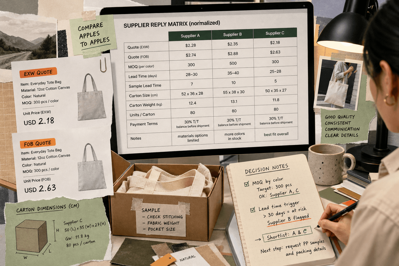Process comparison scene: buyer desk with a normalized supplier reply matrix on screen, quote printouts marked EXW and FOB, carton dimension notes, sample box and handwritten decision notes about MOQ by color and lead time trigger.