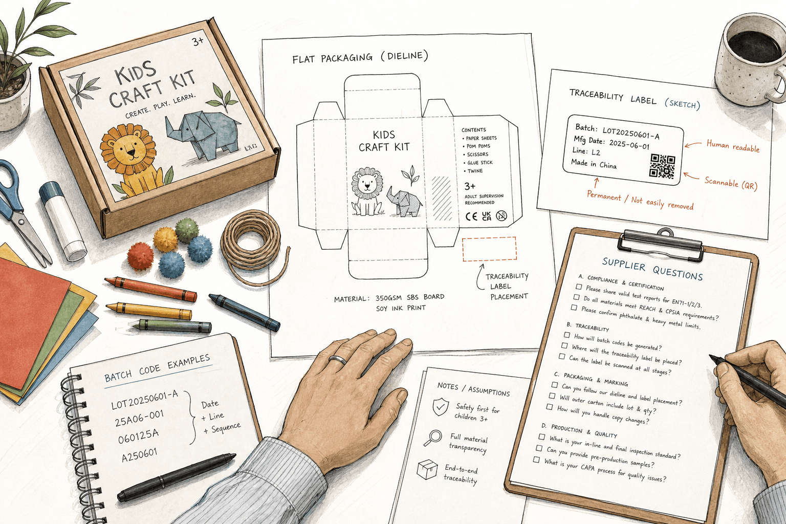 Compliance-focused workshop scene: children's craft kit components, flat packaging dieline, traceability label placement sketch, batch code examples and supplier question sheet arranged on a clean table; grounded, specific editorial tone.