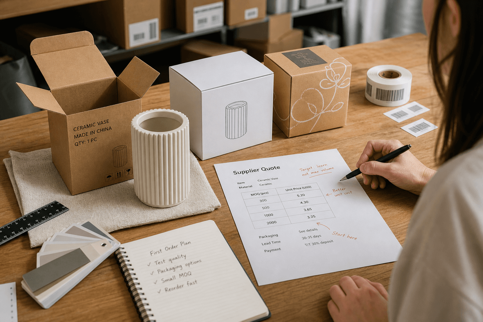 Editorial sourcing scene on a worktable: a private-label home accessory sample beside plain and branded packaging options, barcode labels, carton notes, ruler, and a marked-up supplier quote showing MOQ breakdowns; realistic natural light, no fake brand names or fabricated docume
