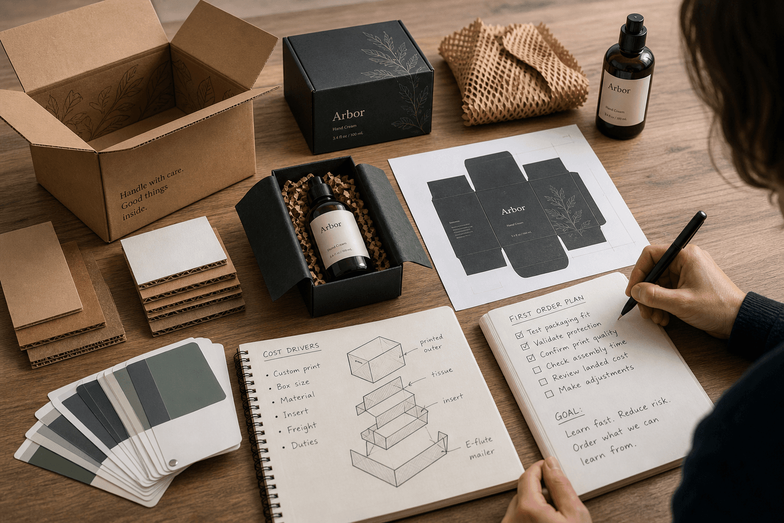 Process-focused production prep scene: standard packaging components and custom packaging elements laid beside a finished sample, label proofs, corrugate swatches, color chips, and handwritten cost-driver notes; documentary style, tactile manufacturing detail, no dashboard graphi