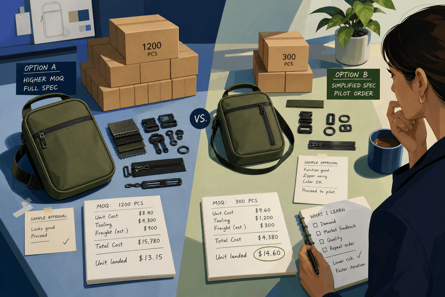 Decision-comparison tabletop scene: two first-order paths for the same product shown with physical samples, carton counts, component piles, sample approval notes, and simple handwritten calculations comparing higher MOQ versus simplified-spec pilot; analytical and concrete, not a