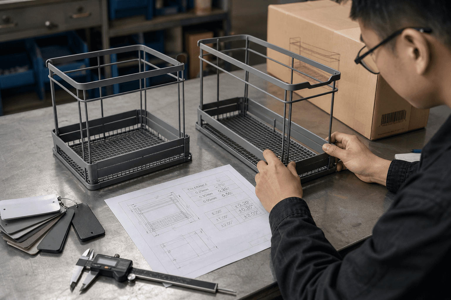 Editorial product photography of two sample versions of the same kitchen organizer on a worktable with calipers, finish chips, barcode carton, and a printed tolerance sheet; show subtle differences in weld finish and coating consistency, natural workshop light, no fake brand name