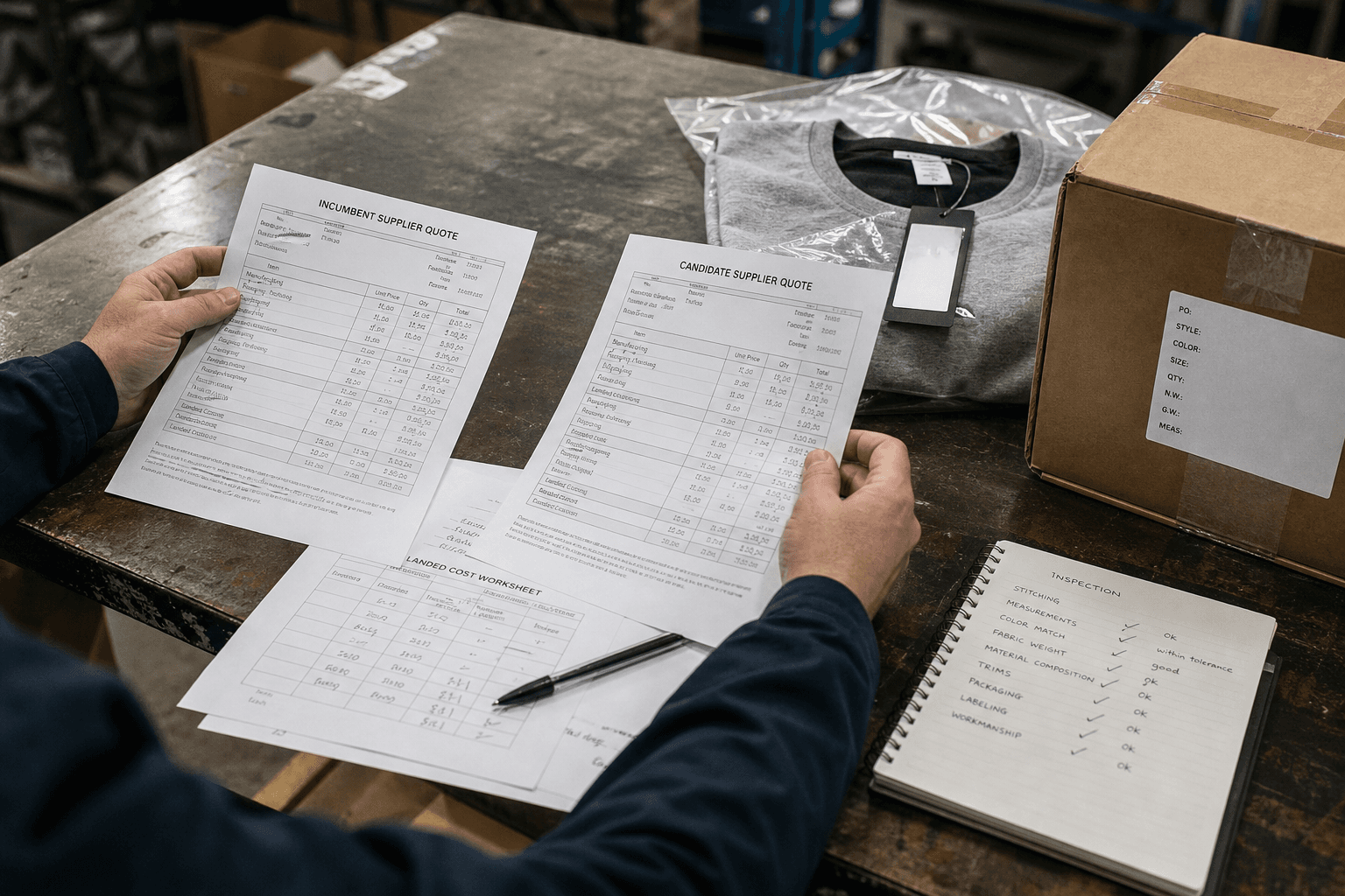 Process scene of an operator comparing incumbent and candidate supplier quote printouts beside a landed-cost worksheet, retained sample, packaging carton, and inspection notes; hands only, realistic sample-room setting, concrete objects, no dashboards or decorative charts.