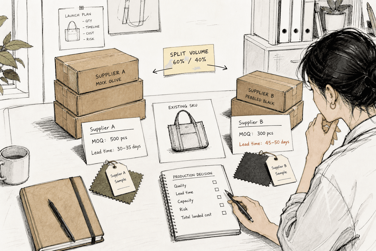 Documentary comparison setup showing split-volume planning for one existing ecommerce SKU: two carton stacks, MOQ notes, lead-time cards, and sample tags from two suppliers laid out for a production decision; realistic sourcing office environment, no fabricated certificates.