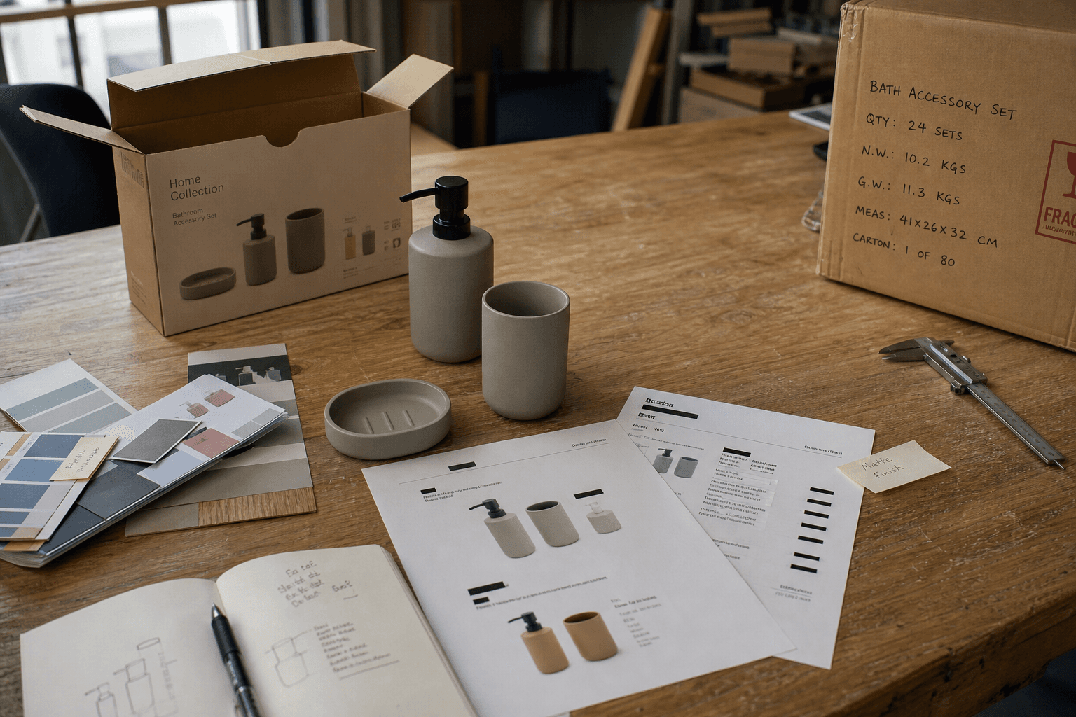 Editorial sourcing photo of a home accessory buying decision on a real worktable: stock sample, two-pack carton mockup, color swatches, caliper, freight carton notes, and supplier quote printouts with figures blocked out. Natural light, documentary style, no fake certifications o