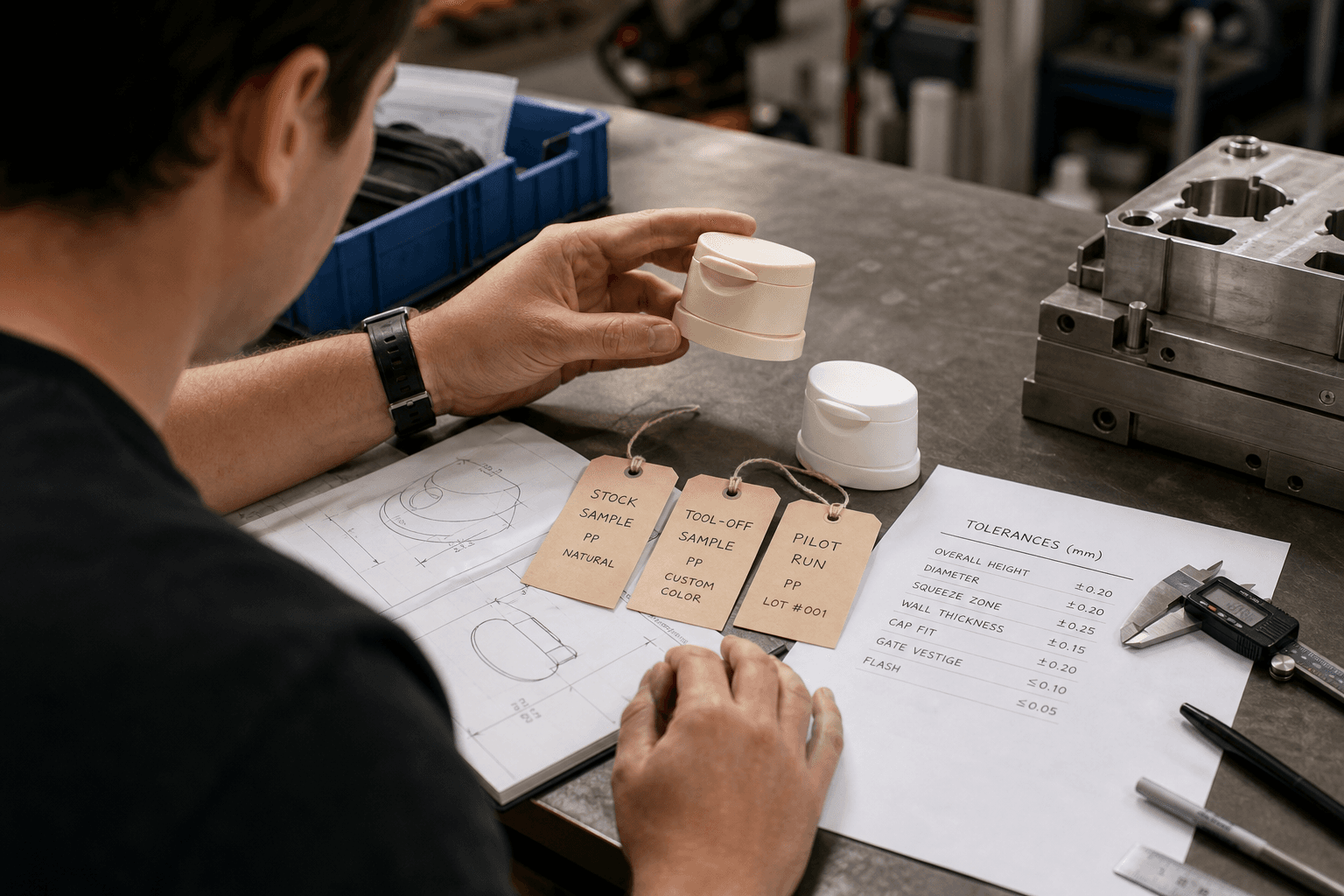 Process-focused production scene showing when a project becomes custom: standard closure component beside redesigned molded closure prototype, sample tags for stock sample, tool-off sample, and pilot run, plus measured tolerance notes on paper. Industrial tabletop, realistic mate