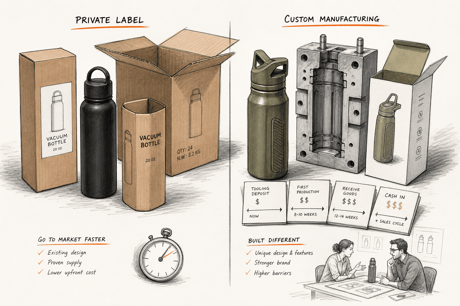 Comparison visual built from physical objects rather than charts: one side shows private-label sample, packaging sleeve, and ready carton; the other shows custom part, tooling block, revised packaging, and cash-timing note cards. Clean editorial composition, concrete product-deve