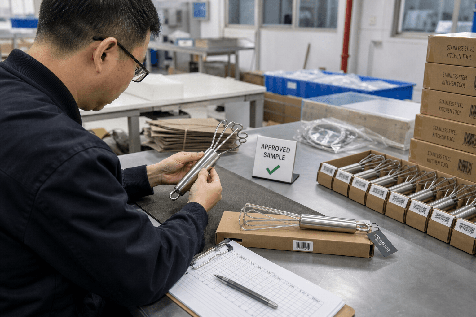 Editorial product-photo scene of a private-label stainless steel kitchen tool with approved sample, production units, barcode labels, and retail cartons on a quality table, showing finish and packaging checks, realistic commercial photography, no fake documents.