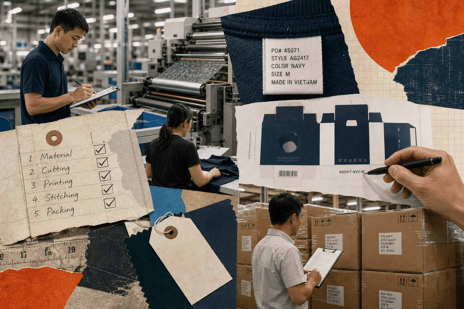 Process-focused scene in a light manufacturing setting showing material tags, process sheets, packaging artwork control, and packed cartons being reviewed for traceability and production control, documentary style, no staged certificates.