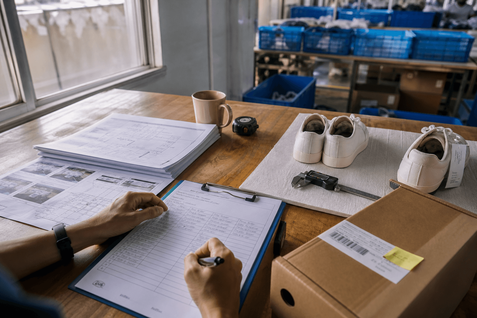Comparison still life on a sourcing desk with two paths: supplier qualification records and factory layout on one side, sampled finished goods with caliper, labels, and carton checks on the other, clean editorial realism.