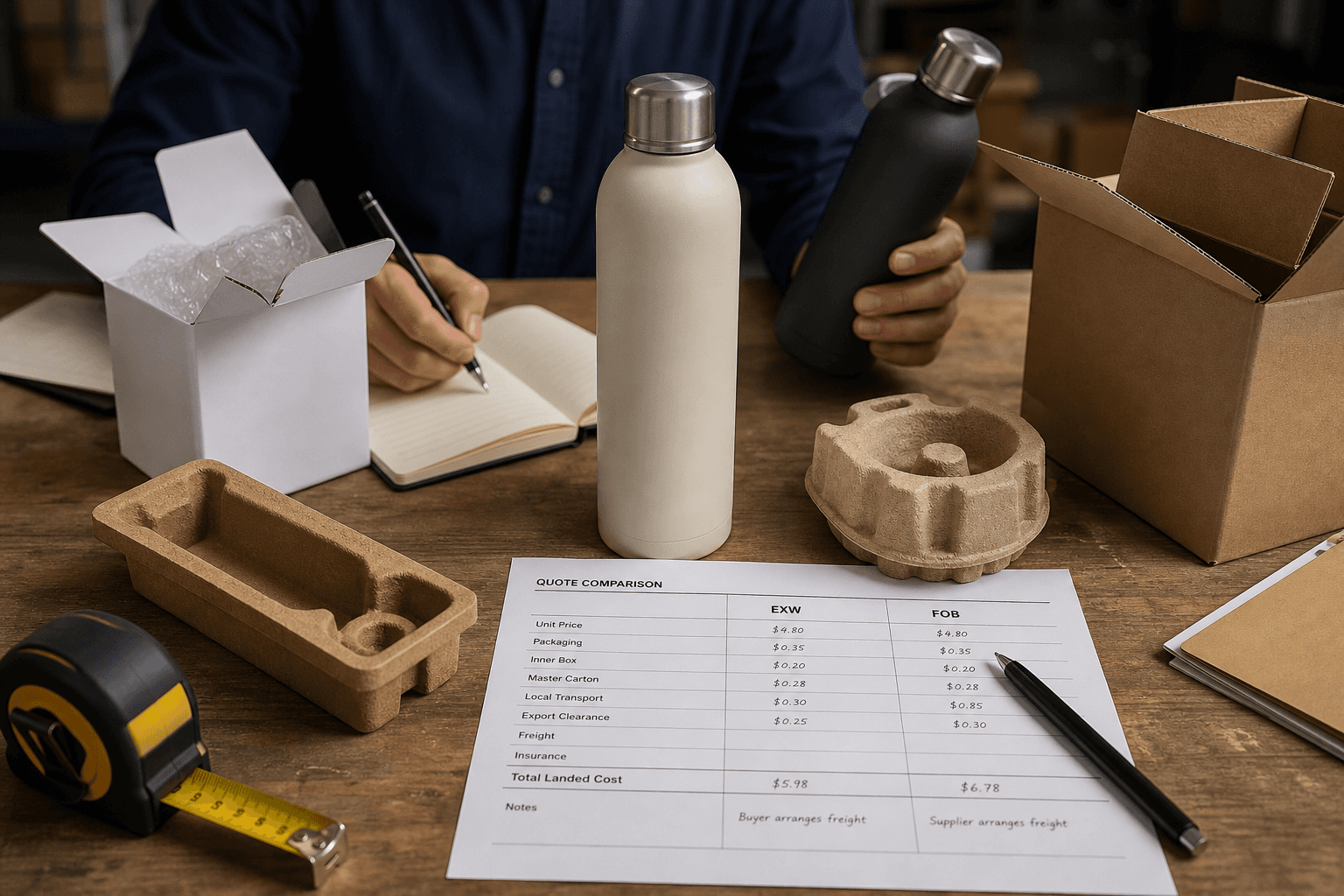 Editorial product photograph of two insulated bottle samples on a worktable with packaging inserts, open cartons, a tape measure, and a printed quote comparison sheet marked EXW and FOB; realistic workshop lighting, no fake brand names, no fabricated supplier documents.