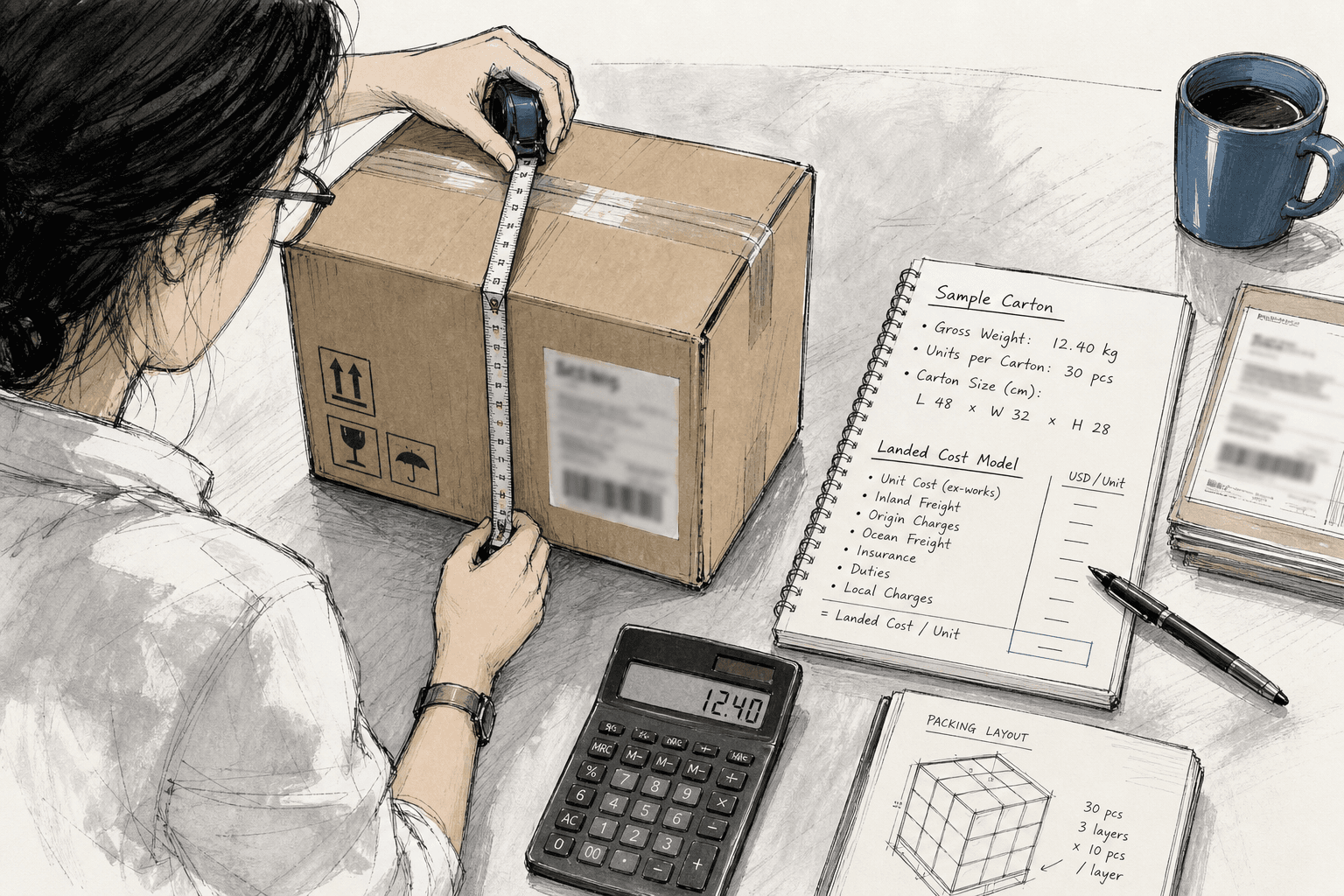 Process-focused sourcing scene showing a buyer measuring a sample carton, noting gross weight and units per carton beside a calculator and landed-cost worksheet, with shipping labels blurred; documentary style, concrete trade details, no generic dashboard graphics.