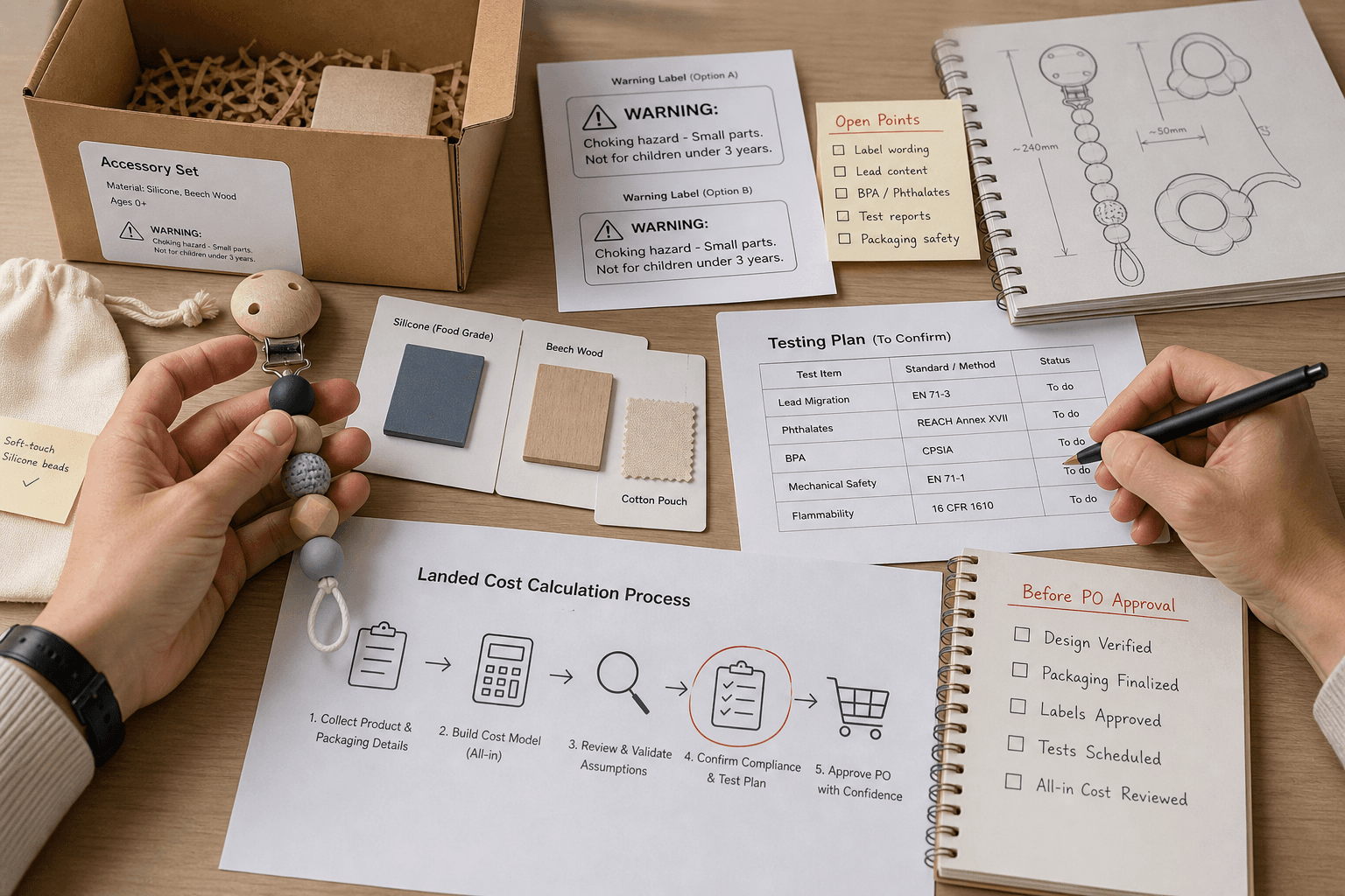 Editorial still life of a children's accessory sample set with packaging parts, warning-label mockups, material notes and a testing-plan worksheet laid out for review; clear sense of unresolved compliance before PO approval, no fake certificates.