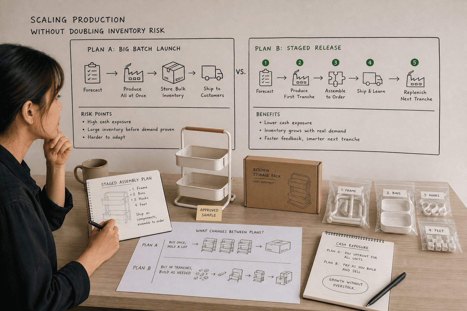 Editorial product scene: a DTC operator comparing two release plans for the same kitchen storage product, with approved samples, flat carton mockups, component bags, and handwritten notes on staged assembly and cash exposure.