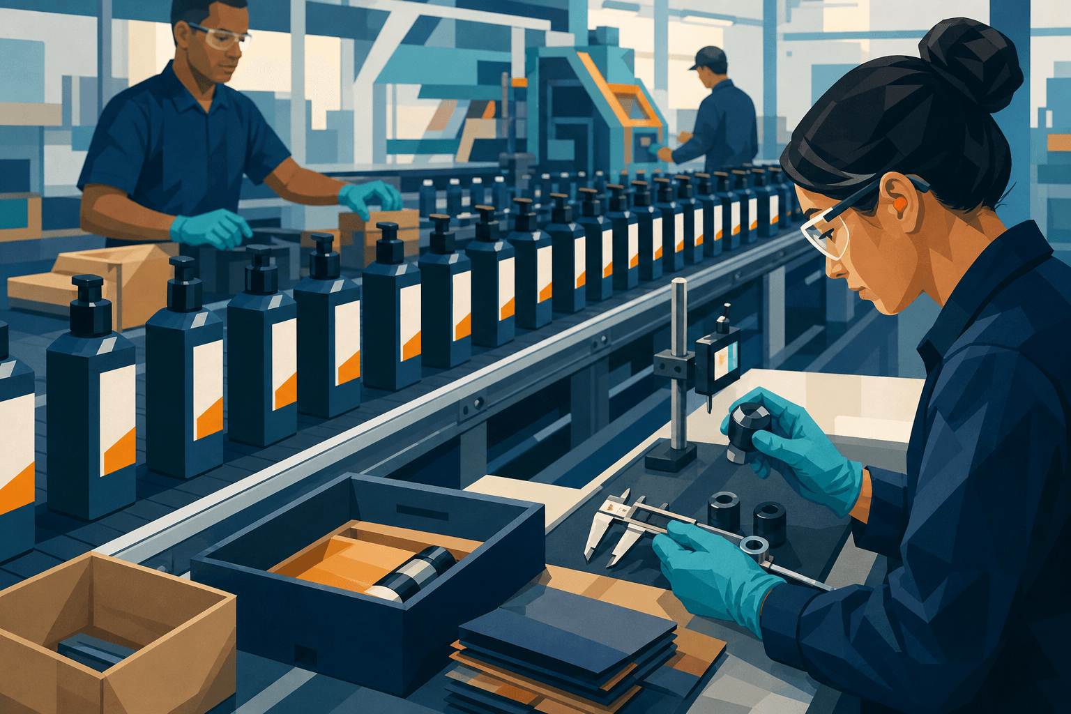 Production-floor visual: close view of a consumer-goods assembly line running a higher-volume batch, with calipers, first-off samples, packaging components, and an in-process quality check station visible.
