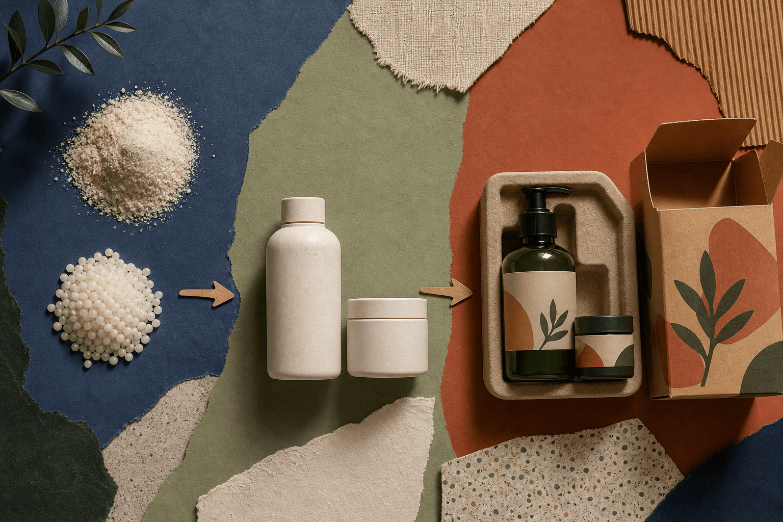 Comparison tabletop: one product shown in three commitment layers side by side—raw materials, undecorated packaging, and finished packed units—to illustrate reversibility and inventory risk.