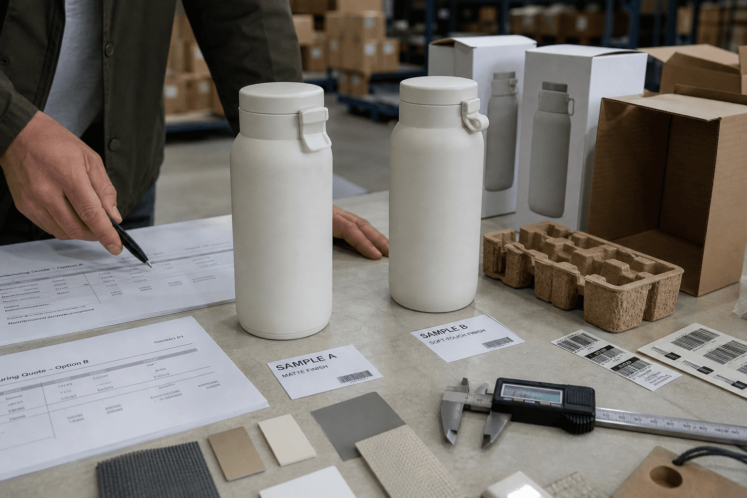 Editorial product photo of two similar private-label consumer product samples on a worktable with packaging parts, barcode labels, calipers, and printed quote sheets partly visible; natural warehouse or sourcing-office light; realistic and documentary, showing subtle differences