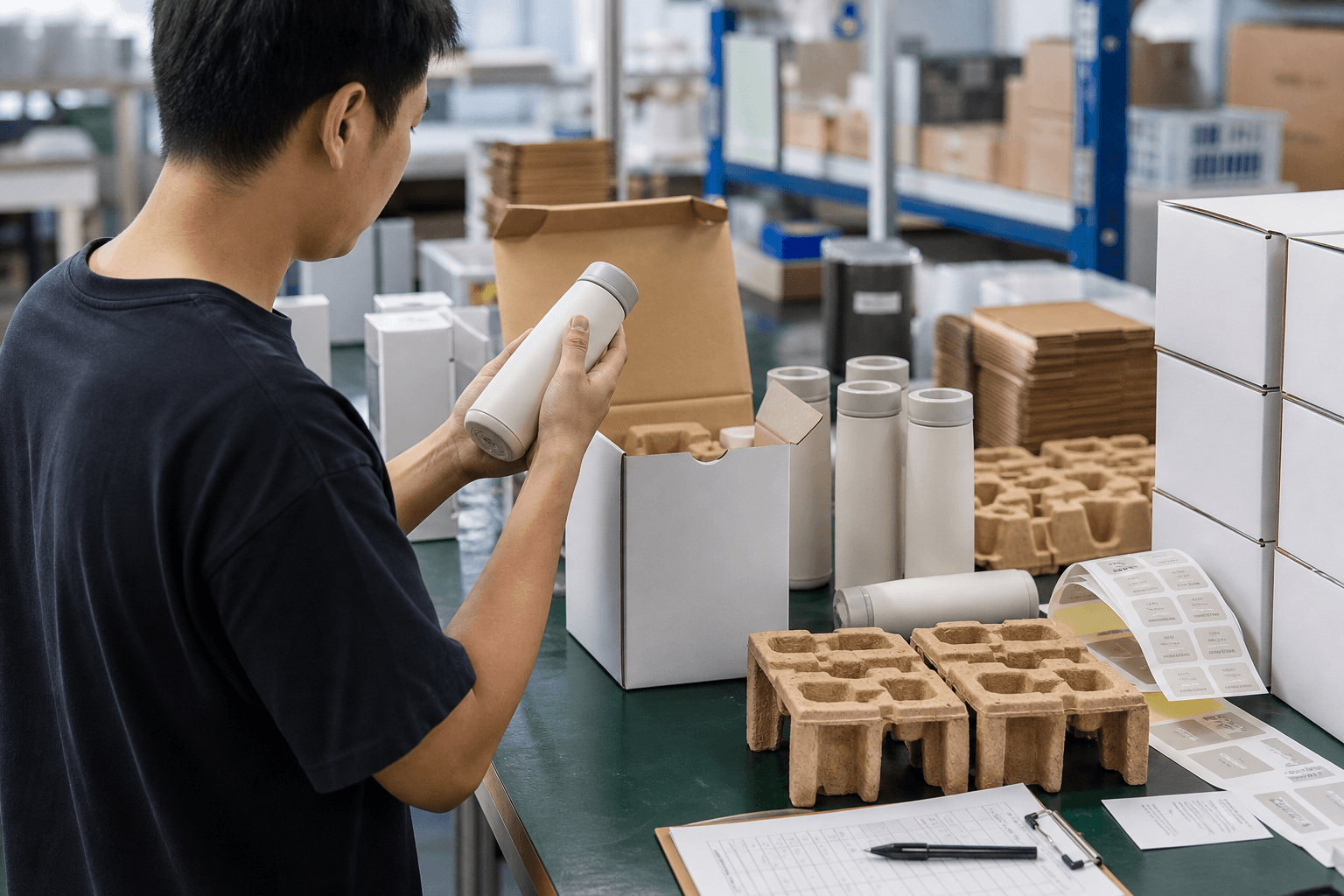 Process-focused scene inside a clean packing area showing cartons, inserts, labels, and partially assembled consumer goods at a packaging station; emphasis on the quote boundary and what packaging work is included, not generic factory spectacle.