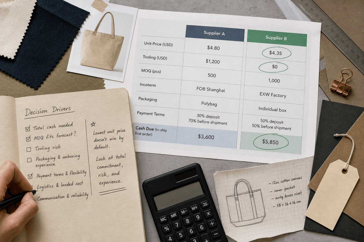 Analytical desk scene with a buyer's handwritten decision note beside a simple side-by-side quote comparison showing unit price, tooling, MOQ, Incoterm, packaging, payment terms, and cash due; no fake brand names, no fabricated official documents.