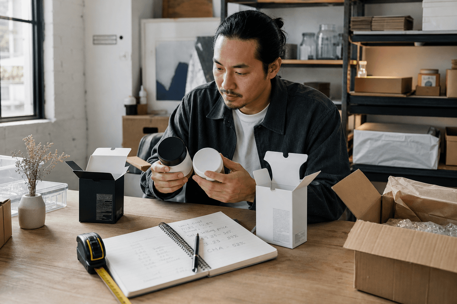 Editorial product photograph of a founder or sourcing lead reviewing two physical product samples, opened retail packaging, carton measurements, and handwritten unit-cost notes on a worktable; realistic office-workshop setting, natural light, no fake supplier paperwork or brand m