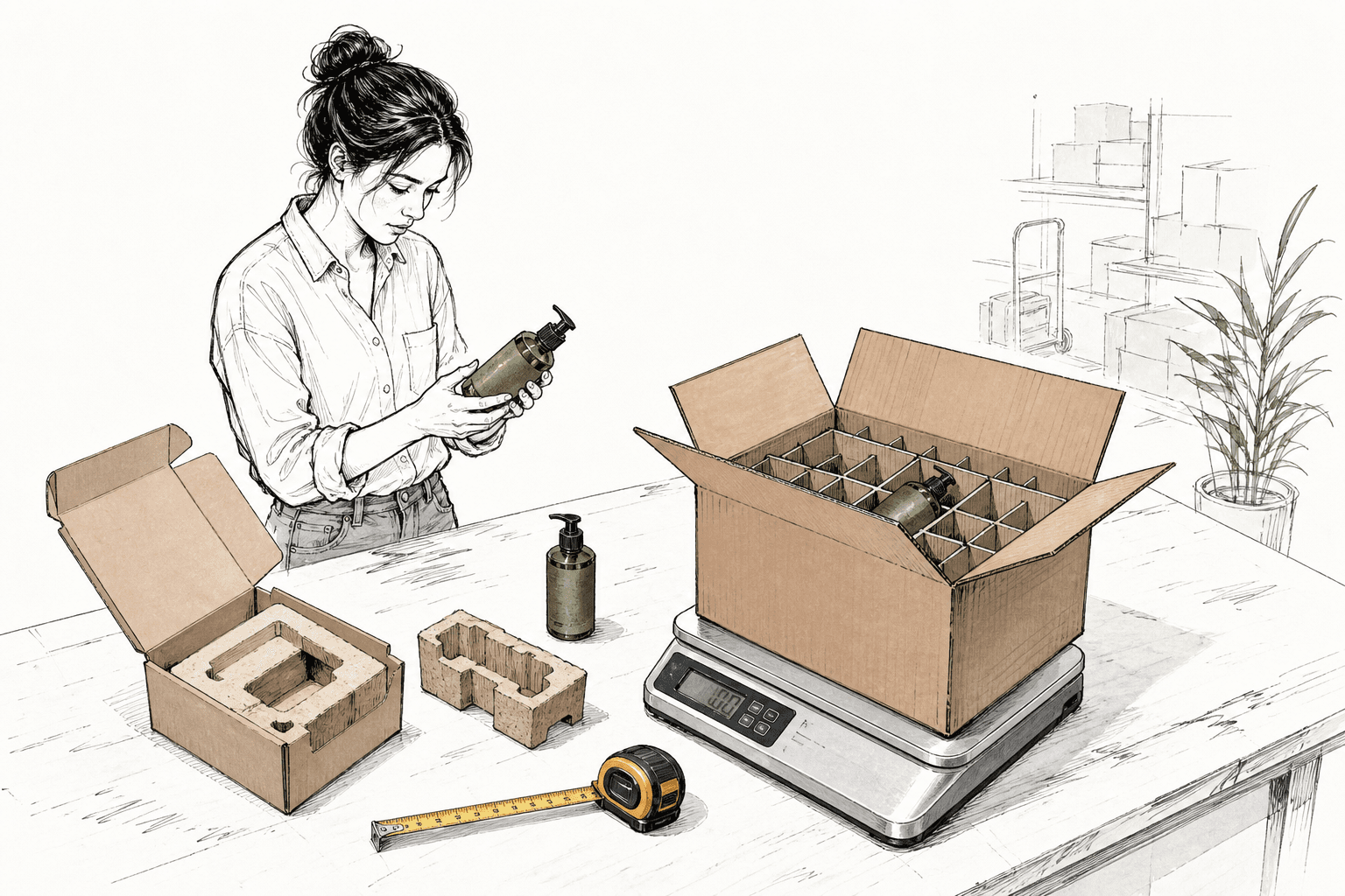 Documentary-style packing scene showing a product, protective insert, master carton, tape measure, and scale being used to compare two packaging formats for freight density and damage protection; concrete objects, no dashboards or staged checklists.