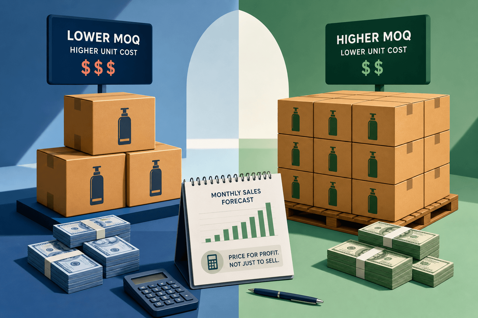 Styled comparison scene with two inventory stacks for the same product concept: lower MOQ with slightly higher unit cost versus higher MOQ with lower unit cost, shown with cartons, cash notes, and a simple monthly sales forecast card; clean editorial treatment.