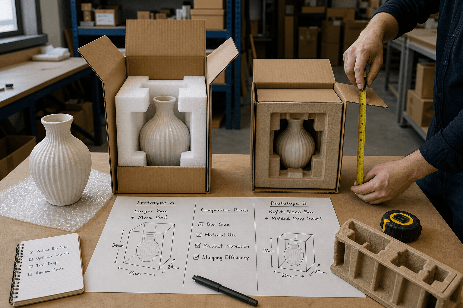 Editorial product photo of a fragile home-goods item beside two real packaging prototypes on a packing table, showing inserts, carton sizes, tape measure, and handwritten comparison notes; warehouse or workshop setting, natural imperfections, no fake brand marks or fabricated doc