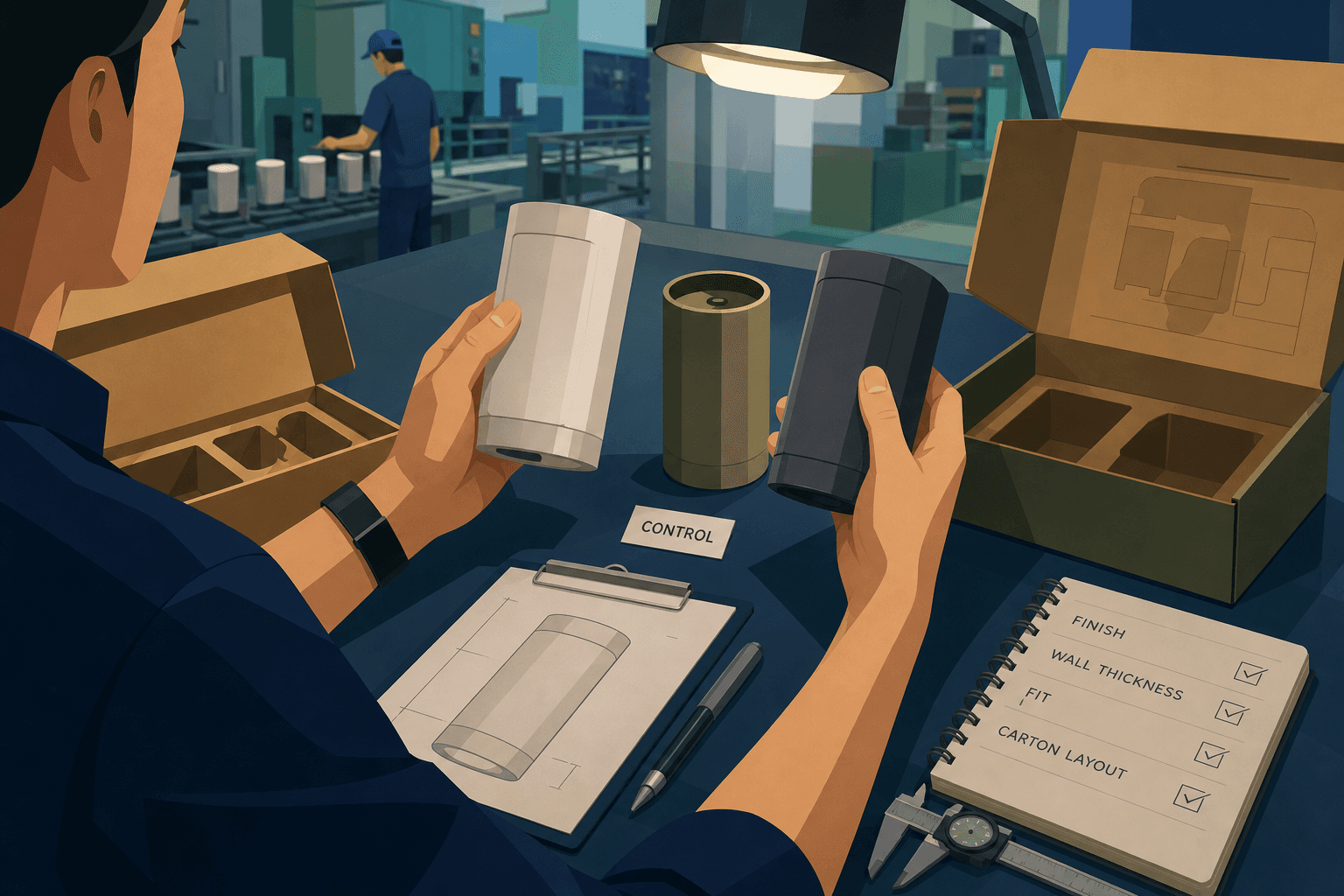 Process-focused sourcing scene with hands comparing two product samples and one approved control sample, checking finish, wall thickness, fit, and carton layout under practical bench lighting; real manufacturing or sample-review environment, no staged office mood board.