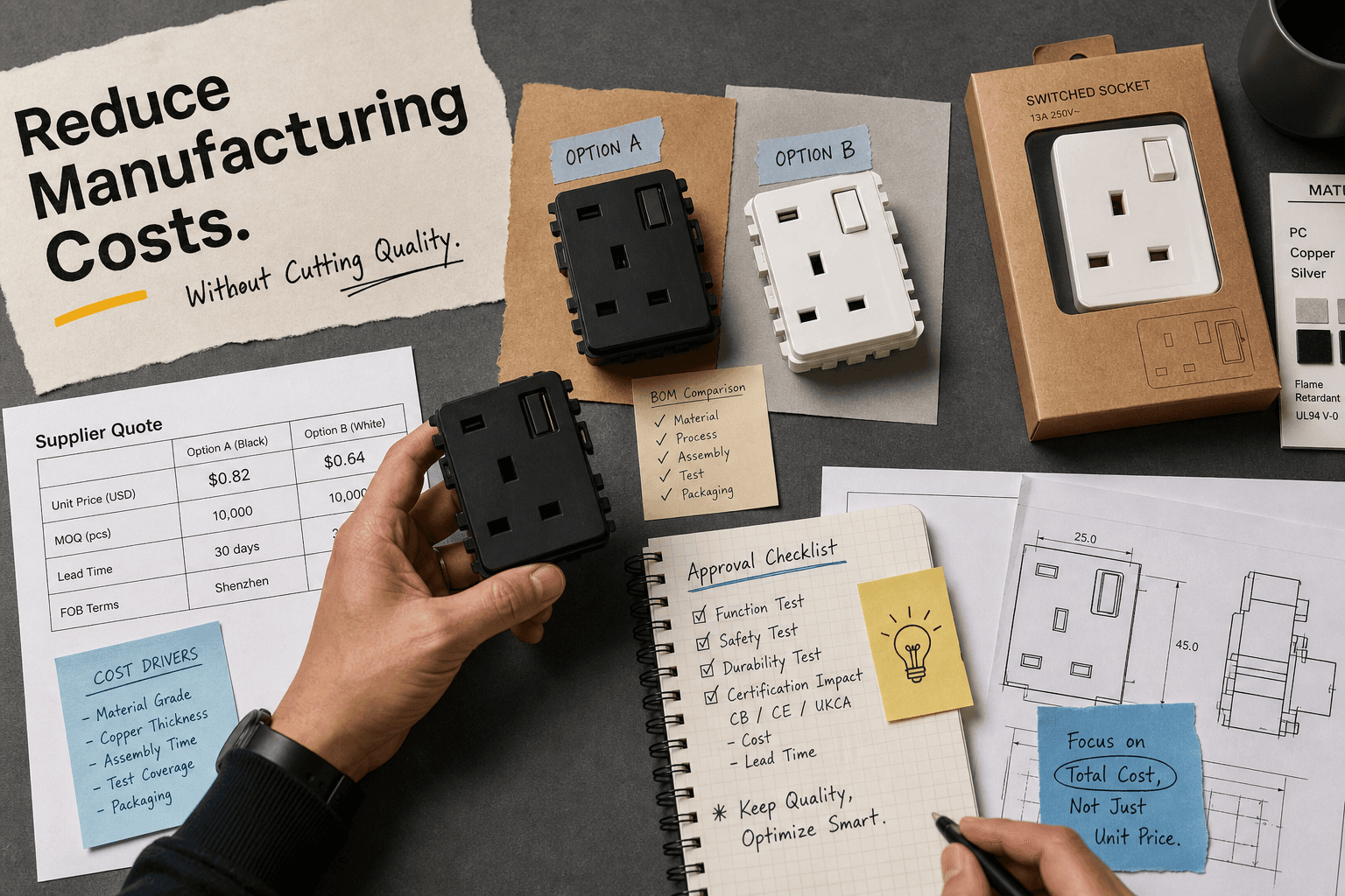 Documentary-style tabletop scene for an electrical accessory cost-down review: two component options, material callouts, packaged sample, quote printouts, and approval notes about testing and certification impact; concrete sourcing context, no fake certificates or dashboards.