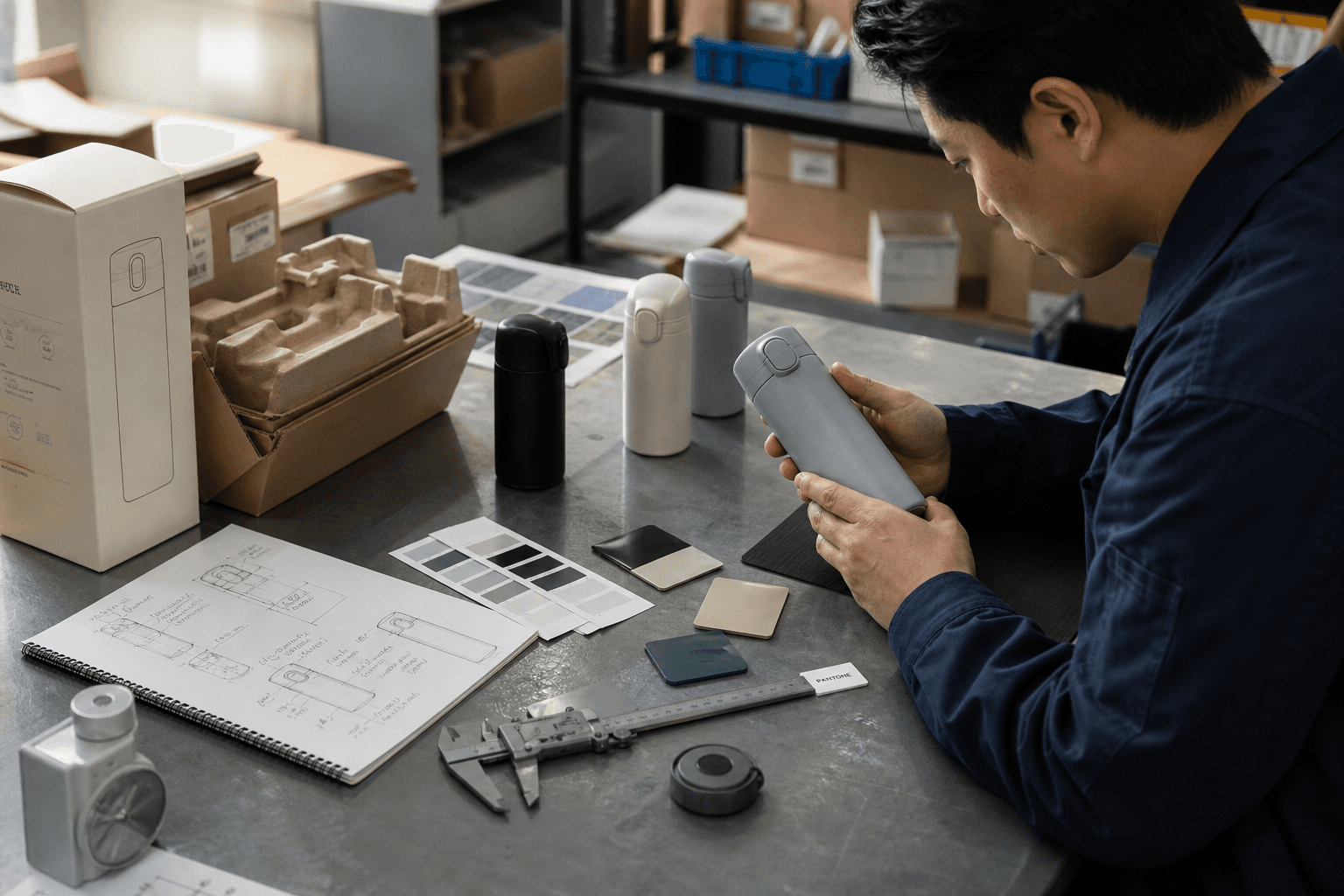 Editorial sourcing scene: several consumer product samples on a worktable beside packaging mockups, calipers, finish swatches, carton inserts, and a marked-up sourcing brief. Natural light, realistic materials, no fake certificates or supplier documents.