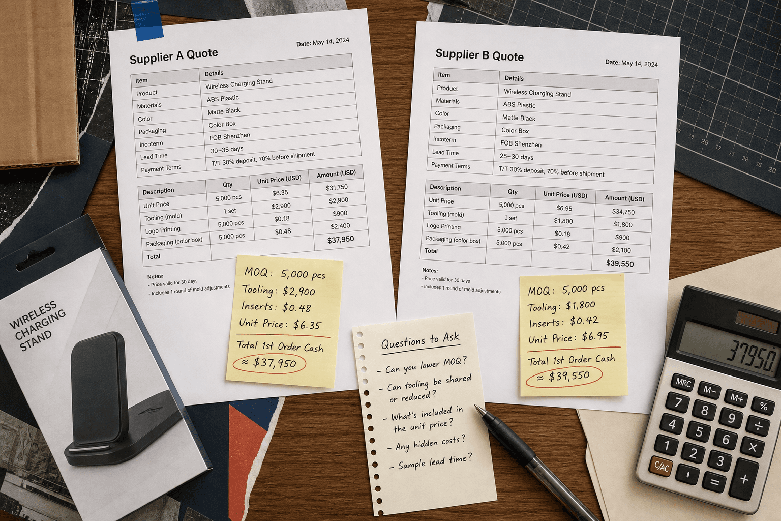 Quote comparison scene: two hypothetical supplier quote printouts on a desk with handwritten notes for MOQ, tooling, inserts, unit price, and total first-order cash, plus a calculator and packaging sample. Documentary style, concrete and believable.