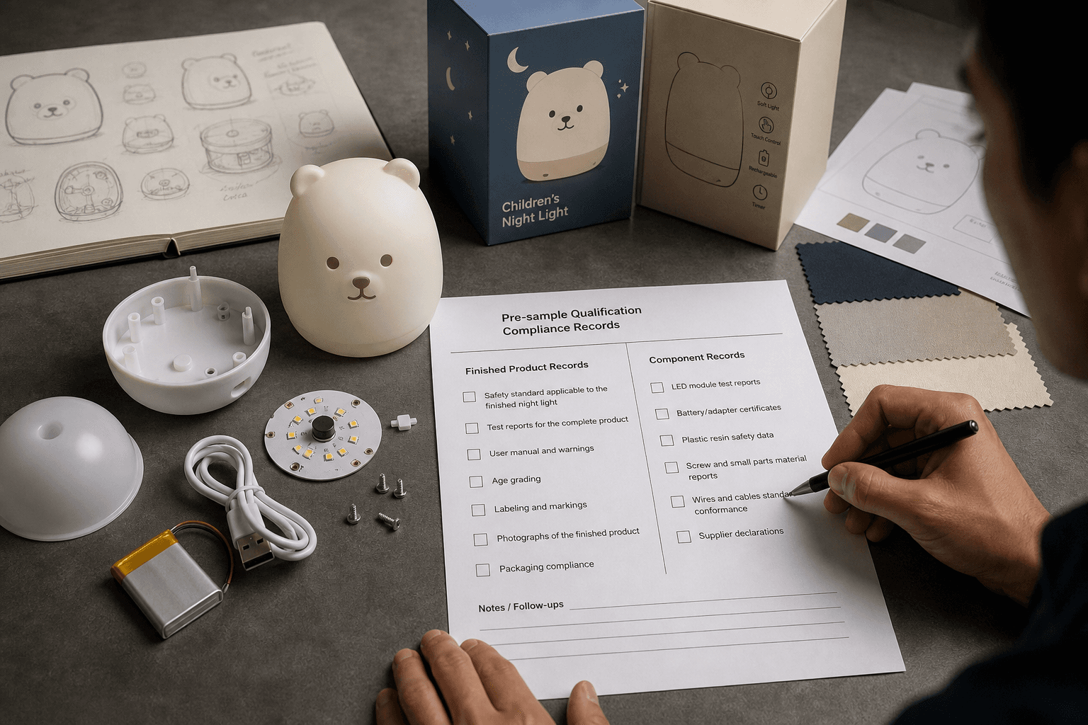 Pre-sample qualification scene: children's night light prototype parts, packaging draft, and a page of compliance questions distinguishing finished-product records from component records. Technical and grounded, without fabricated approvals.
