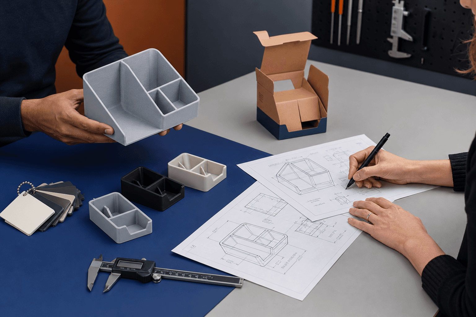 Editorial product-development photograph of a pre-tooling review table with a 3D-printed desk organizer, first-shot molded parts, calipers, annotated drawing revisions, resin chip cards, and folded carton mockup under neutral workshop lighting.