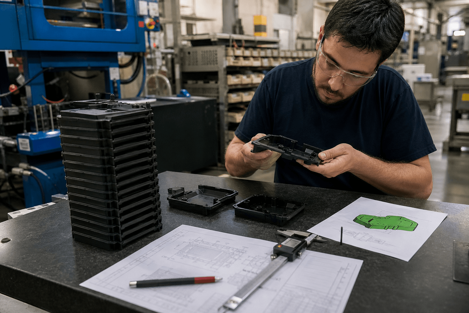 Process-focused factory scene showing injection molding first-off inspection: molded parts at a measurement station, operator checking stack fit and warpage against a flat reference surface, with approved sample and revision drawing visible nearby.