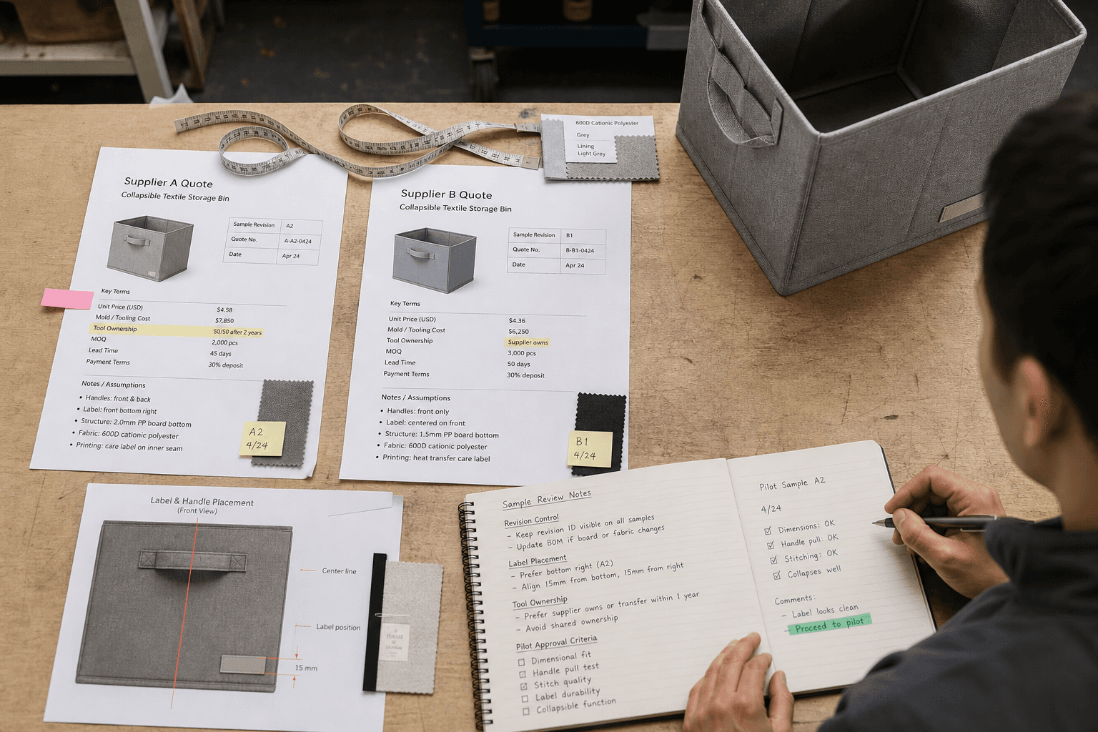 Top-down comparison scene of two supplier quote packets and sample notes for a textile storage bin, highlighting revision control, label placement, tool ownership terms, and pilot approval comments, without fake logos or personal data.