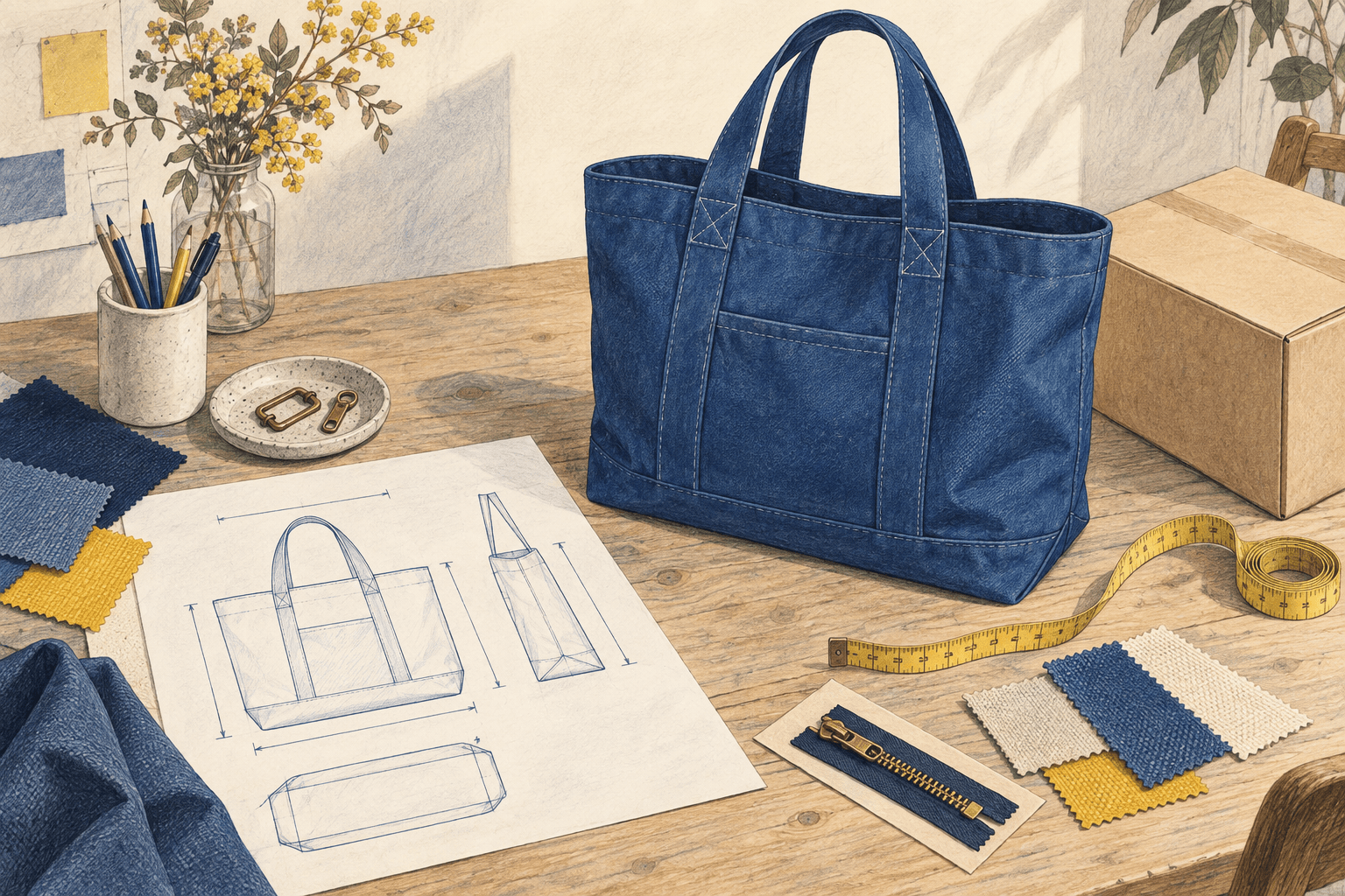 A blue tote, technical drawing, fabric swatches and hardware arranged for a product sourcing brief