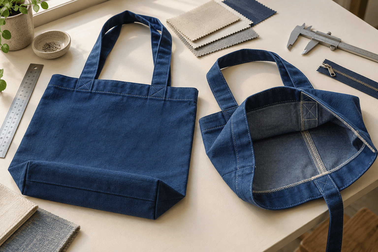 Two hypothetical blue tote samples arranged to compare material, seams and handle construction